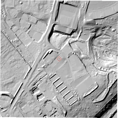 Shaded relief map of the ground around NE388QU, computed from Environment Agency LiDAR. The ground here sits at about 28 m above sea level and falls 38 m across the surrounding 800 m. Surface water reaching this point runs off ground lying to the west-north-west, 1.6 m higher.