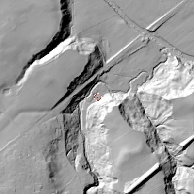 Shaded relief map of the ground around NE391BL, computed from Environment Agency LiDAR. The ground here sits at about 42 m above sea level and falls 48 m across the surrounding 800 m. Surface water reaching this point runs off ground lying to the south-east, 30.9 m higher.
