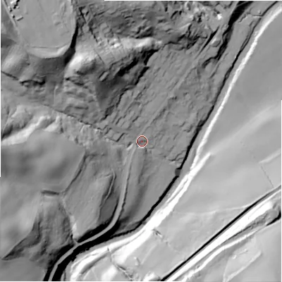 Shaded relief map of the ground around NE391DG, computed from Environment Agency LiDAR. The ground here sits at about 42 m above sea level and falls 74 m across the surrounding 800 m. Surface water reaching this point runs off ground lying to the north-west, 51.9 m higher.