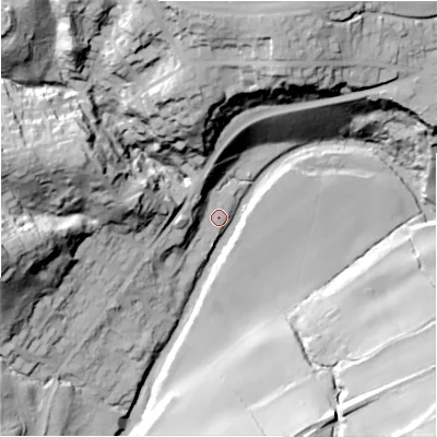 Shaded relief map of the ground around NE391EJ, computed from Environment Agency LiDAR. The ground here sits at about 32 m above sea level and falls 53 m across the surrounding 800 m. Surface water reaching this point runs off ground lying to the west, 48.7 m higher.