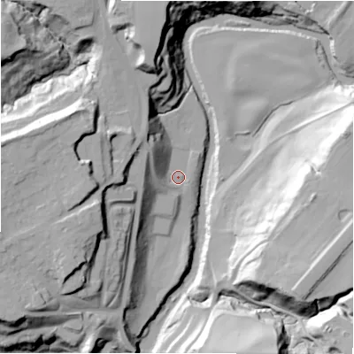 Shaded relief map of the ground around NE391LG, computed from Environment Agency LiDAR. The ground here sits at about 30 m above sea level and falls 41 m across the surrounding 800 m. Surface water reaching this point runs off ground lying to the west-north-west, 17.6 m higher.