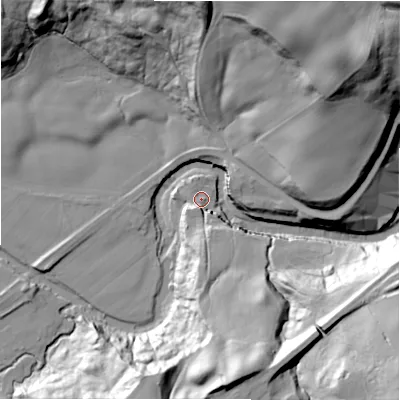 Shaded relief map of the ground around NE391NB, computed from Environment Agency LiDAR. The ground here sits at about 38 m above sea level and falls 59 m across the surrounding 800 m. Surface water reaching this point runs off ground lying to the south, 20.2 m higher.