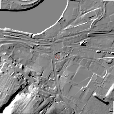 Shaded relief map of the ground around NE392WX, computed from Environment Agency LiDAR. The ground here sits at about 5 m above sea level and falls 51 m across the surrounding 800 m. Surface water reaching this point runs off ground lying to the south-south-west, 42.4 m higher.