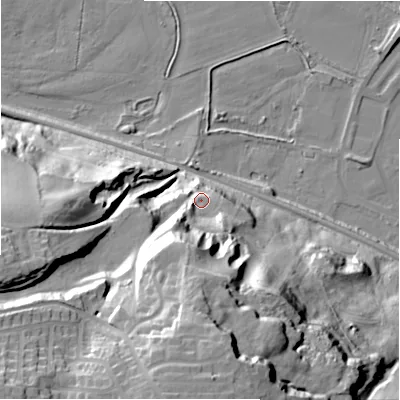 Shaded relief map of the ground around NE403PD, computed from Environment Agency LiDAR. The ground here sits at about 22 m above sea level and falls 64 m across the surrounding 800 m. Surface water reaching this point runs off ground lying to the south-south-west, 36.5 m higher.