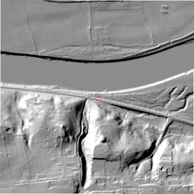 Shaded relief map of the ground around NE403QF, computed from Environment Agency LiDAR. The ground here sits at about 6 m above sea level and falls 57 m across the surrounding 800 m. Surface water reaching this point runs off ground lying to the south-south-west, 54.1 m higher.