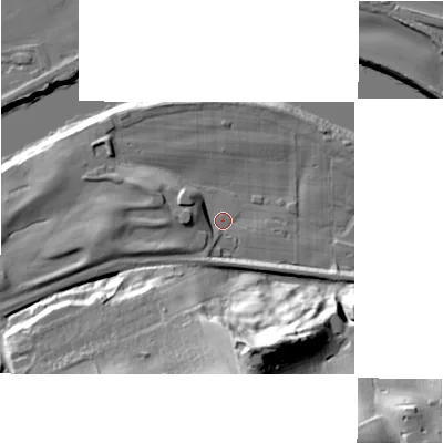 Shaded relief map of the ground around NE403TD, computed from Environment Agency LiDAR. The ground here sits at about 6 m above sea level and falls 42 m across the surrounding 800 m. Surface water reaching this point runs off ground lying to the west, 7.8 m higher.