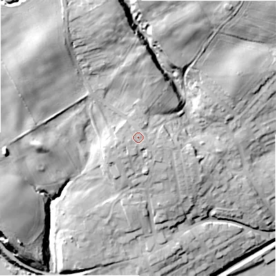 Shaded relief map of the ground around NE418BA, computed from Environment Agency LiDAR. The ground here sits at about 39 m above sea level and falls 46 m across the surrounding 800 m. Surface water reaching this point runs off ground lying to the west-south-west, 1.7 m higher.