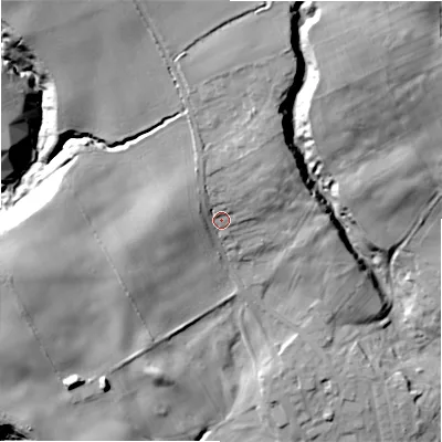 Shaded relief map of the ground around NE418BB, computed from Environment Agency LiDAR. The ground here sits at about 45 m above sea level and falls 42 m across the surrounding 800 m. Surface water reaching this point runs off ground lying to the north-north-east, 14.8 m higher.
