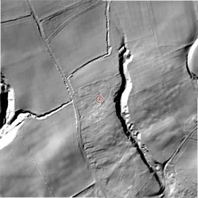 Shaded relief map of the ground around NE418BD, computed from Environment Agency LiDAR. The ground here sits at about 52 m above sea level and falls 45 m across the surrounding 800 m. Surface water reaching this point runs off ground lying to the north-north-east, 7.9 m higher.