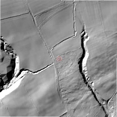 Shaded relief map of the ground around NE418BE, computed from Environment Agency LiDAR. The ground here sits at about 52 m above sea level and falls 53 m across the surrounding 800 m. Surface water reaching this point runs off ground lying to the north, 19.2 m higher.
