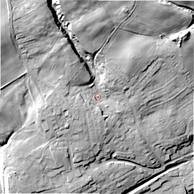 Shaded relief map of the ground around NE418DE, computed from Environment Agency LiDAR. The ground here sits at about 30 m above sea level and falls 48 m across the surrounding 800 m. Surface water reaching this point runs off ground lying to the north-north-west, 24.4 m higher.