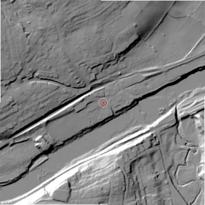 Shaded relief map of the ground around NE418DP, computed from Environment Agency LiDAR. The ground here sits at about 12 m above sea level and falls 36 m across the surrounding 800 m. Surface water reaching this point runs off ground lying to the west-north-west, 4.7 m higher.