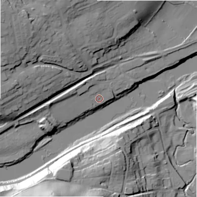 Shaded relief map of the ground around NE418DT, computed from Environment Agency LiDAR. The ground here sits at about 11 m above sea level and falls 52 m across the surrounding 800 m. Surface water reaching this point runs off ground lying to the north-north-west, 4.8 m higher.