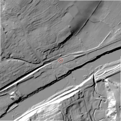 Shaded relief map of the ground around NE418DW, computed from Environment Agency LiDAR. The ground here sits at about 12 m above sea level and falls 37 m across the surrounding 800 m. Surface water reaching this point runs off ground lying to the west-north-west, 24.4 m higher.