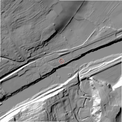 Shaded relief map of the ground around NE418DZ, computed from Environment Agency LiDAR. The ground here sits at about 10 m above sea level and falls 37 m across the surrounding 800 m. Surface water reaching this point runs off ground lying to the west, 2.7 m higher.