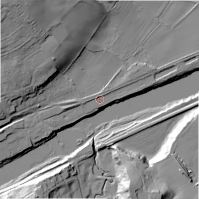 Shaded relief map of the ground around NE418EB, computed from Environment Agency LiDAR. The ground here sits at about 9 m above sea level and falls 36 m across the surrounding 800 m. Surface water reaching this point runs off ground lying to the west, 1.6 m higher.