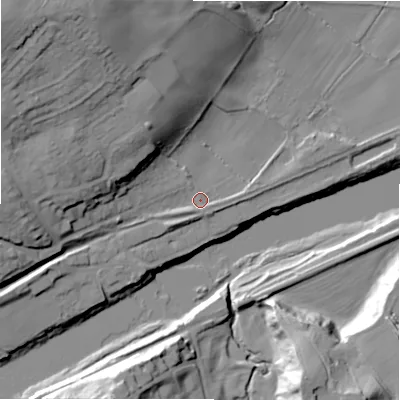 Shaded relief map of the ground around NE418ED, computed from Environment Agency LiDAR. The ground here sits at about 10 m above sea level and falls 38 m across the surrounding 800 m. Surface water reaching this point runs off ground lying to the north-west, 30.3 m higher.