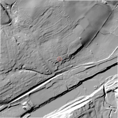 Shaded relief map of the ground around NE418EF, computed from Environment Agency LiDAR. The ground here sits at about 22 m above sea level and falls 40 m across the surrounding 800 m. Surface water reaching this point runs off ground lying to the north-west, 14.2 m higher.