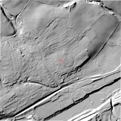 Shaded relief map of the ground around NE418EJ, computed from Environment Agency LiDAR. The ground here sits at about 25 m above sea level and falls 46 m across the surrounding 800 m. Surface water reaching this point runs off ground lying to the north-north-west, 2.1 m higher.