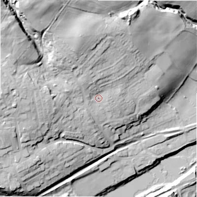 Shaded relief map of the ground around NE418EL, computed from Environment Agency LiDAR. The ground here sits at about 25 m above sea level and falls 46 m across the surrounding 800 m. Surface water reaching this point runs off ground lying to the north-north-west, 7.8 m higher.