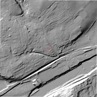 Shaded relief map of the ground around NE418EN, computed from Environment Agency LiDAR. The ground here sits at about 25 m above sea level and falls 41 m across the surrounding 800 m. Surface water reaching this point runs off ground lying to the west-north-west, 5.3 m higher.