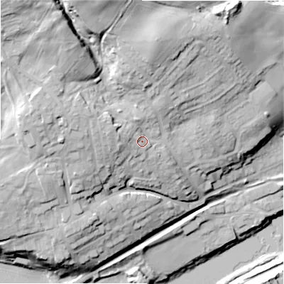 Shaded relief map of the ground around NE418EW, computed from Environment Agency LiDAR. The ground here sits at about 29 m above sea level and falls 45 m across the surrounding 800 m. Surface water reaching this point runs off ground lying to the north-west, 21.2 m higher.