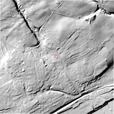 Shaded relief map of the ground around NE418EY, computed from Environment Agency LiDAR. The ground here sits at about 30 m above sea level and falls 49 m across the surrounding 800 m. Surface water reaching this point runs off ground lying to the north-west, 23.8 m higher.