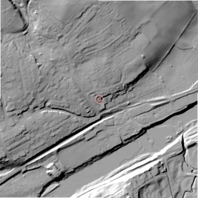 Shaded relief map of the ground around NE418HD, computed from Environment Agency LiDAR. The ground here sits at about 20 m above sea level and falls 41 m across the surrounding 800 m. Surface water reaching this point runs off ground lying to the north-north-west, 5.1 m higher.