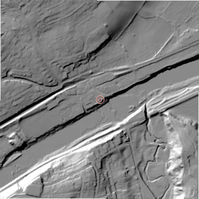 Shaded relief map of the ground around NE418HP, computed from Environment Agency LiDAR. The ground here sits at about 11 m above sea level and falls 35 m across the surrounding 800 m. Surface water reaching this point runs off ground lying to the north-west, 1.4 m higher.