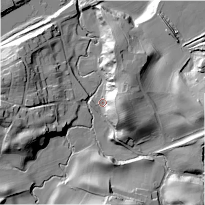 Shaded relief map of the ground around NE418JD, computed from Environment Agency LiDAR. The ground here sits at about 12 m above sea level and falls 45 m across the surrounding 800 m. Surface water reaching this point runs off ground lying to the east, 27.4 m higher.