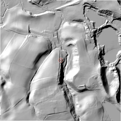 Shaded relief map of the ground around NE418JH, computed from Environment Agency LiDAR. The ground here sits at about 38 m above sea level and falls 46 m across the surrounding 800 m. Surface water reaching this point runs off ground lying to the south-south-west, 17.5 m higher.