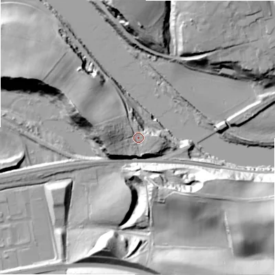 Shaded relief map of the ground around NE418JT, computed from Environment Agency LiDAR. The ground here sits at about 19 m above sea level and falls 40 m across the surrounding 800 m. Surface water reaching this point runs off ground lying to the west, 13.8 m higher.
