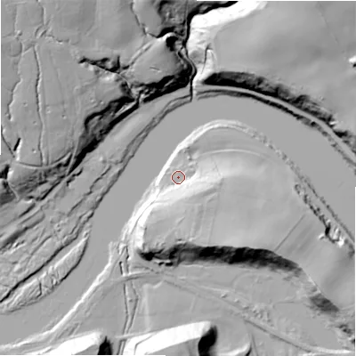 Shaded relief map of the ground around NE418JY, computed from Environment Agency LiDAR. The ground here sits at about 14 m above sea level and falls 43 m across the surrounding 800 m. Surface water reaching this point runs off ground lying to the south-south-east, 17.9 m higher.