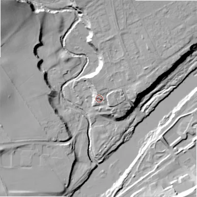Shaded relief map of the ground around NE426AQ, computed from Environment Agency LiDAR. The ground here sits at about 20 m above sea level and falls 37 m across the surrounding 800 m. Surface water reaching this point runs off ground lying to the north-north-east, 4.4 m higher.