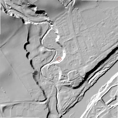 Shaded relief map of the ground around NE426BJ, computed from Environment Agency LiDAR. The ground here sits at about 15 m above sea level and falls 38 m across the surrounding 800 m. Surface water reaching this point runs off ground lying to the north, 24.7 m higher.