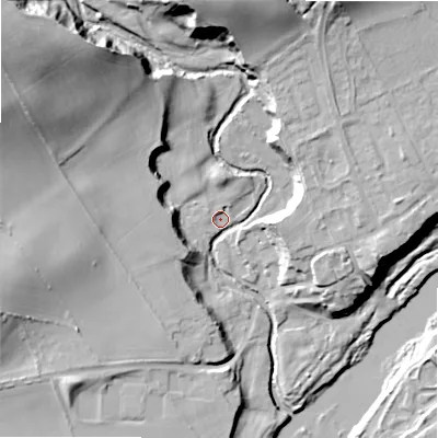 Shaded relief map of the ground around NE426BL, computed from Environment Agency LiDAR. The ground here sits at about 14 m above sea level and falls 42 m across the surrounding 800 m. Surface water reaching this point runs off ground lying to the north-west, 35.1 m higher.