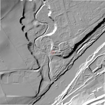 Shaded relief map of the ground around NE426BN, computed from Environment Agency LiDAR. The ground here sits at about 15 m above sea level and falls 31 m across the surrounding 800 m. Surface water reaching this point runs off ground lying to the north-north-east, 12.3 m higher.