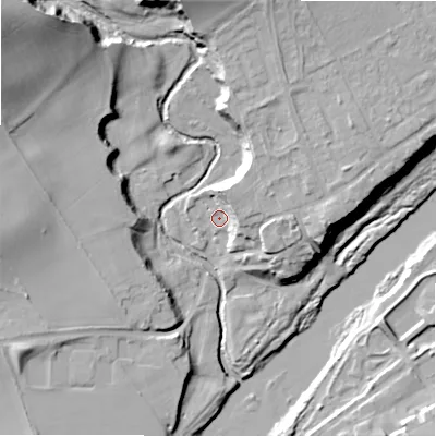 Shaded relief map of the ground around NE426BS, computed from Environment Agency LiDAR. The ground here sits at about 14 m above sea level and falls 39 m across the surrounding 800 m. Surface water reaching this point runs off ground lying to the north, 9.6 m higher.