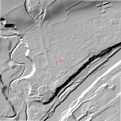 Shaded relief map of the ground around NE426BT, computed from Environment Agency LiDAR. The ground here sits at about 25 m above sea level and falls 39 m across the surrounding 800 m. Surface water reaching this point runs off ground lying to the west-south-west, 0.9 m higher.