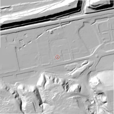 Shaded relief map of the ground around NE426DA, computed from Environment Agency LiDAR. The ground here sits at about 12 m above sea level and falls 49 m across the surrounding 800 m. Surface water reaching this point runs off ground lying to the west-south-west, 0.5 m higher.