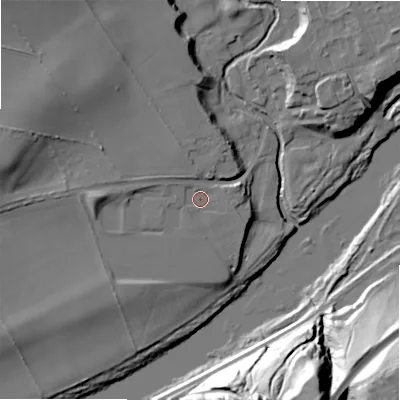 Shaded relief map of the ground around NE426DE, computed from Environment Agency LiDAR. The ground here sits at about 18 m above sea level and falls 51 m across the surrounding 800 m. Surface water reaching this point runs off ground lying to the west-north-west, 1.7 m higher.
