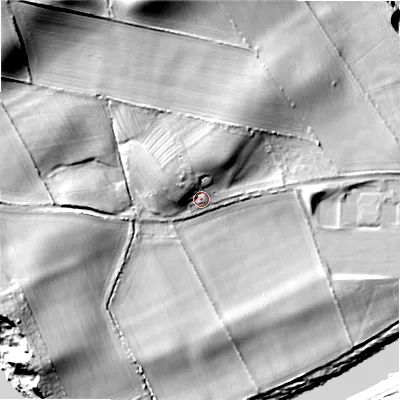Shaded relief map of the ground around NE426DF, computed from Environment Agency LiDAR. The ground here sits at about 23 m above sea level and falls 37 m across the surrounding 800 m. Surface water reaching this point runs off ground lying to the north-west, 8.4 m higher.