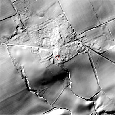 Shaded relief map of the ground around NE426DY, computed from Environment Agency LiDAR. The ground here sits at about 66 m above sea level and falls 80 m across the surrounding 800 m. Surface water reaching this point runs off ground lying to the north-west, 29.1 m higher.