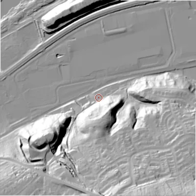 Shaded relief map of the ground around NE426HD, computed from Environment Agency LiDAR. The ground here sits at about 16 m above sea level and falls 73 m across the surrounding 800 m. Surface water reaching this point runs off ground lying to the south, 35.2 m higher.