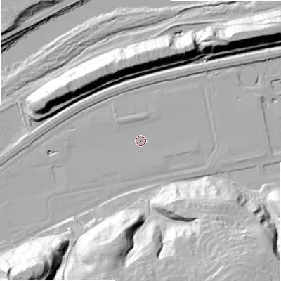 Shaded relief map of the ground around NE426HE, computed from Environment Agency LiDAR. The ground here sits at about 13 m above sea level and falls 49 m across the surrounding 800 m. Surface water reaching this point runs off ground lying to the south-west, 0.8 m higher.