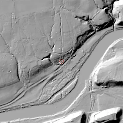 Shaded relief map of the ground around NE426HL, computed from Environment Agency LiDAR. The ground here sits at about 18 m above sea level and falls 43 m across the surrounding 800 m. Surface water reaching this point runs off ground lying to the north-north-west, 36.1 m higher.