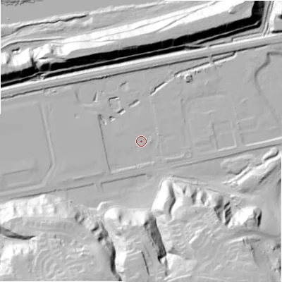 Shaded relief map of the ground around NE426HN, computed from Environment Agency LiDAR. The ground here sits at about 12 m above sea level and falls 49 m across the surrounding 800 m. Surface water reaching this point runs off ground lying to the south-west, 1.9 m higher.