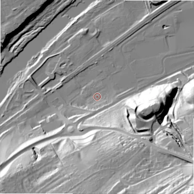 Shaded relief map of the ground around NE426NH, computed from Environment Agency LiDAR. The ground here sits at about 15 m above sea level and falls 84 m across the surrounding 800 m. Surface water reaching this point runs off ground lying to the south-south-west, 7.6 m higher.