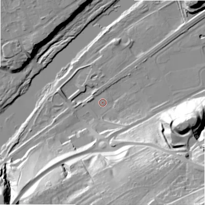 Shaded relief map of the ground around NE426NJ, computed from Environment Agency LiDAR. The ground here sits at about 14 m above sea level and falls 67 m across the surrounding 800 m. Surface water reaching this point runs off ground lying to the south-south-east, 12.4 m higher.