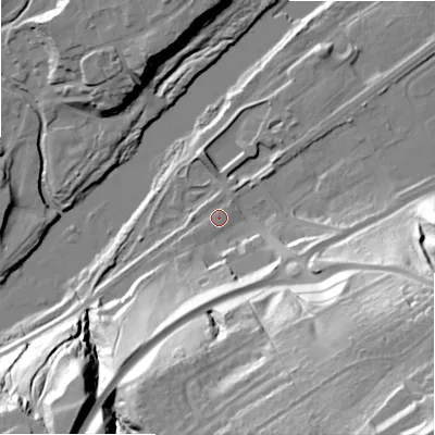 Shaded relief map of the ground around NE426NP, computed from Environment Agency LiDAR. The ground here sits at about 15 m above sea level and falls 74 m across the surrounding 800 m. Surface water reaching this point runs off ground lying to the south-south-west, 24.1 m higher.